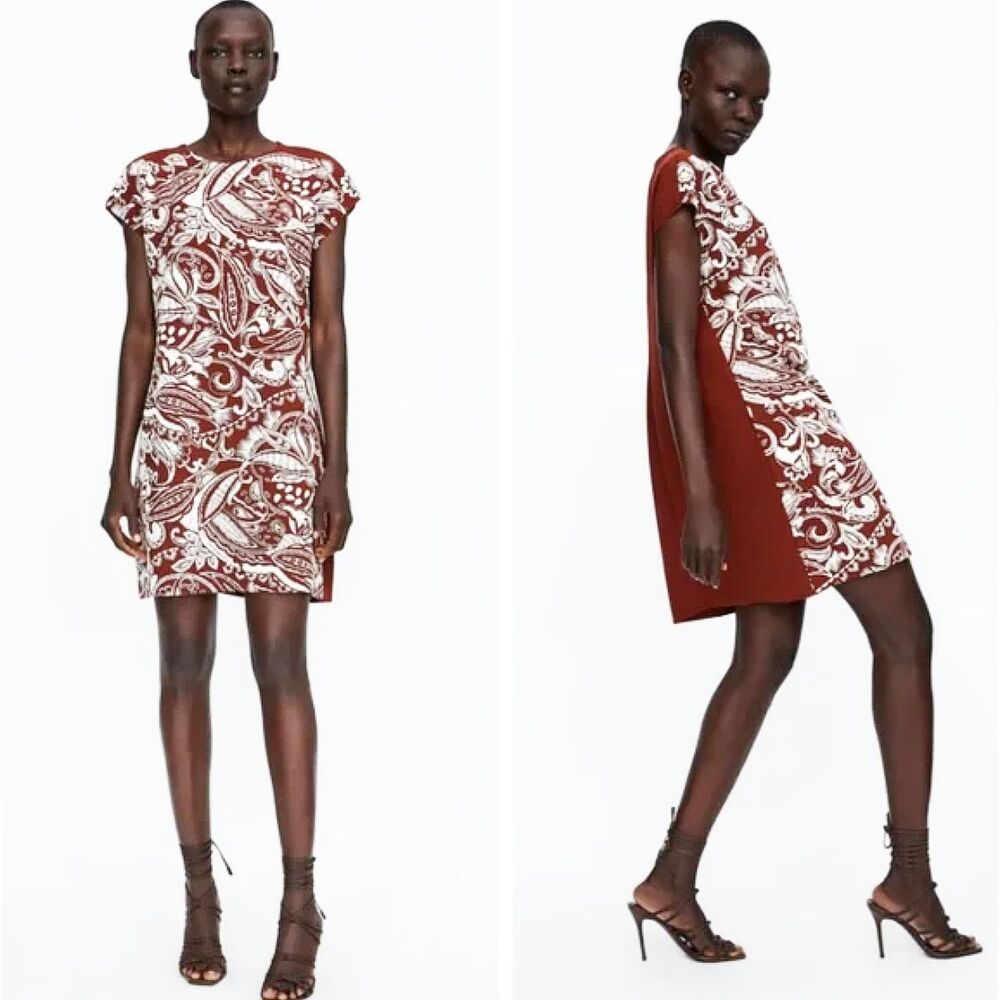NWT ZARA Basic Embroidered Knit Sheath Dress (L) in Burnt Brick & White Paisley - Picture 14 of 14